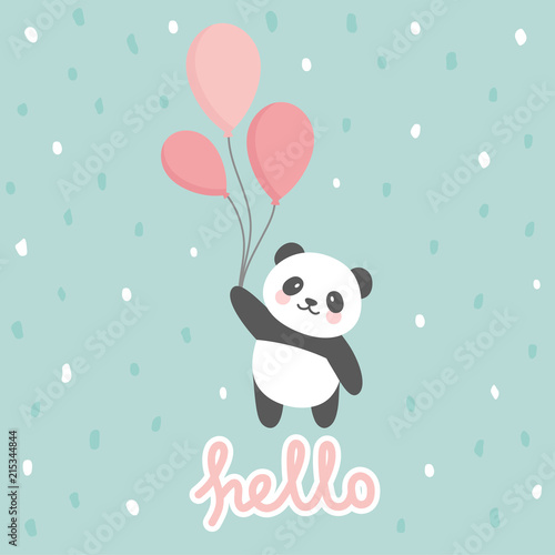 Fototapeta Naklejka Na Ścianę i Meble -  Cute Panda vector print, baby shower card. panda with hello write cartoon illustration,  greeting card, kids cards for birthday poster or banner, cartoon invitation