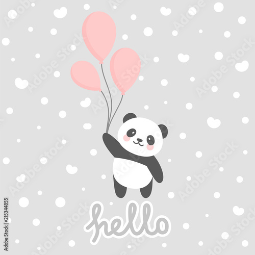 Fototapeta Naklejka Na Ścianę i Meble -  Cute Panda vector print, baby shower card. panda with hello write cartoon illustration,  greeting card, kids cards for birthday poster or banner, cartoon invitation