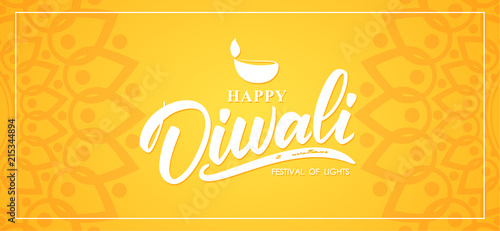 Happy Diwali. Greeting banner wit hand lettering, Indian ornament and lamp.