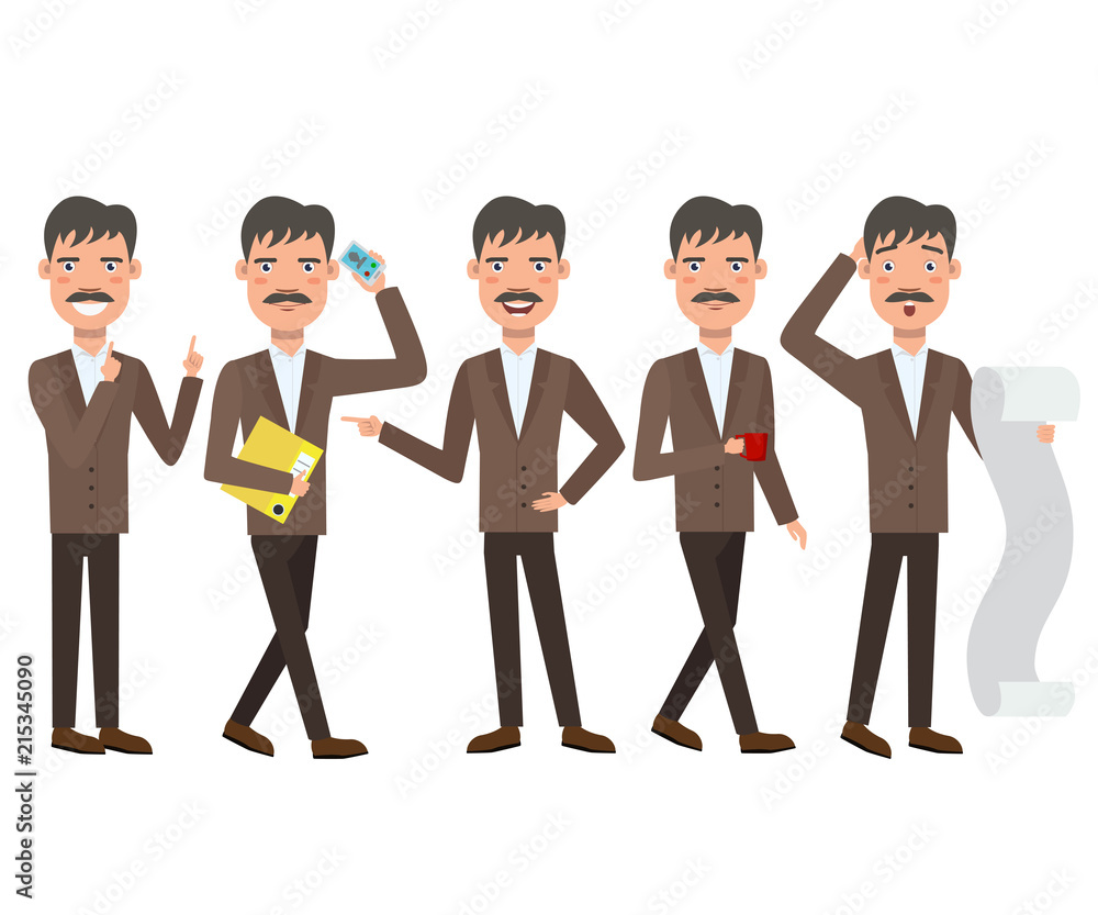 Businessman with mustache character set with different poses, emotions, gestures. Paperwork, calling on phone, drinking coffee. Can be used for topics like office, manager, white collar worker
