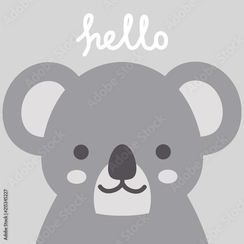 Koala vector print, baby shower card. hello koala with balloon cartoon illustration,  greeting card, kids cards for birthday poster or banner, cartoon invitation