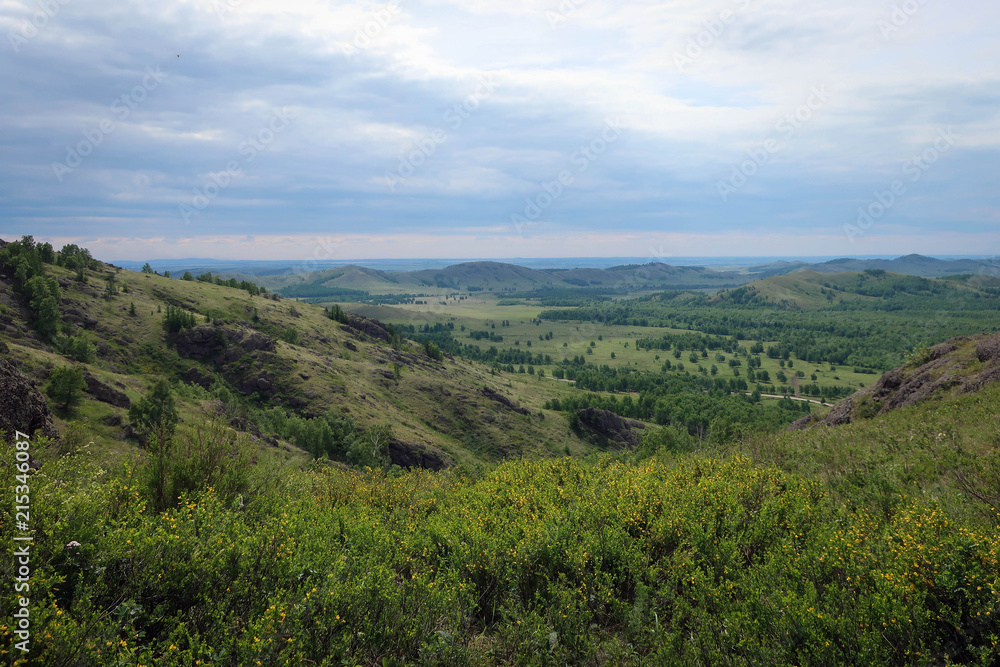 Scenic landscape of South Ural mountains near Kryiktyitau range, Bashkiria, Russia