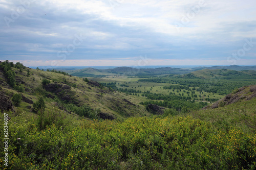 Scenic landscape of South Ural mountains near Kryiktyitau range, Bashkiria, Russia