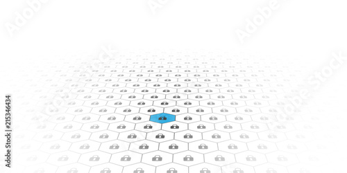 Blockchain circuit networking concept. Distributed ledger technology. Locks are located in Hexagonal cells
