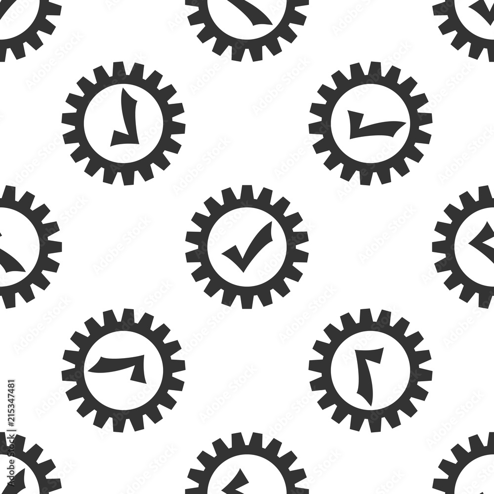 Gear with check mark icon seamless pattern on white background. Cogwheel simple icon. Approved service sign. Transmission Rotation Mechanism symbol. Flat design. Vector Illustration Gear with check mark icon seamless pattern on white background. Cogwheel simple icon. Approved service sign. Transmission Rotation Mechanism symbol. Flat design. Vector Illustration
