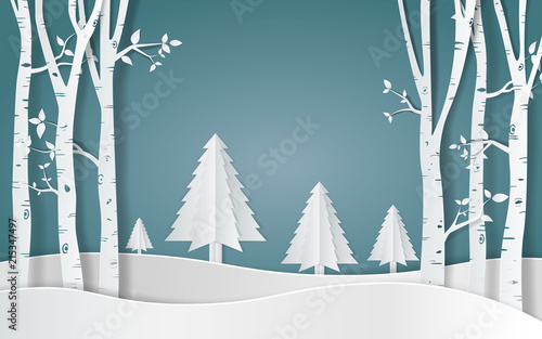 Merry christmas,Snow forest. pines in winter and mountain Paper vector Illustration