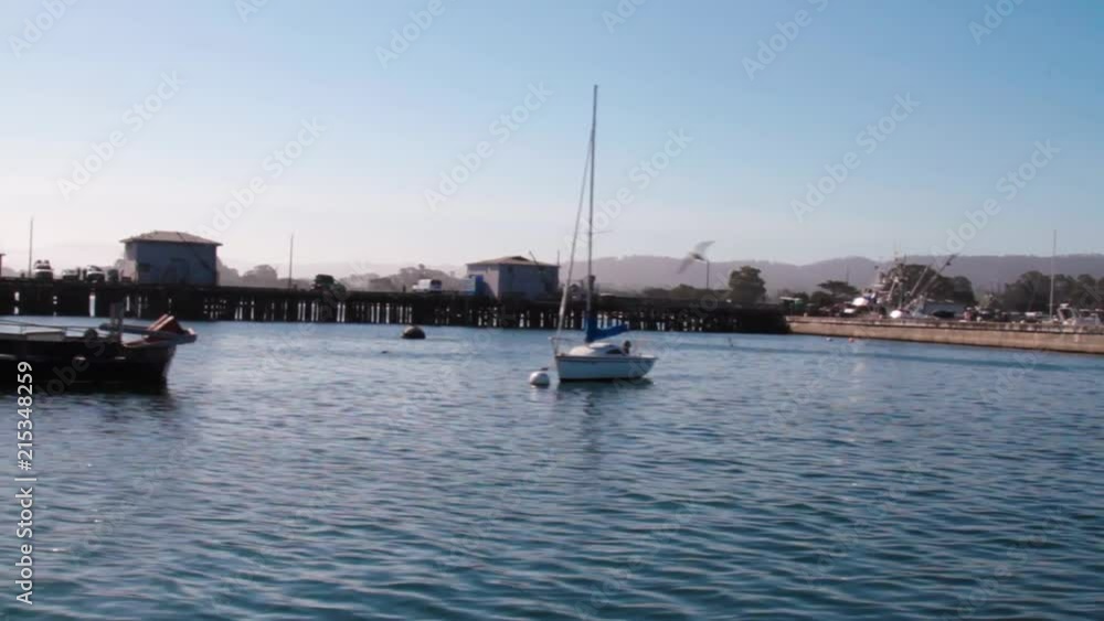 Sailing past boats in marina in the early morning. Sailing past boats in marina in the early morning.