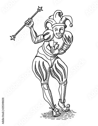 Black outline Joker with staff in old engraving style on white