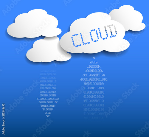 cloud storeage or cloud computing concept with white cloud shapes and binary code on blue background vector illustration photo