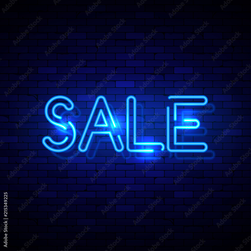 Sale neon sign on the brick wall. Vector Illustration