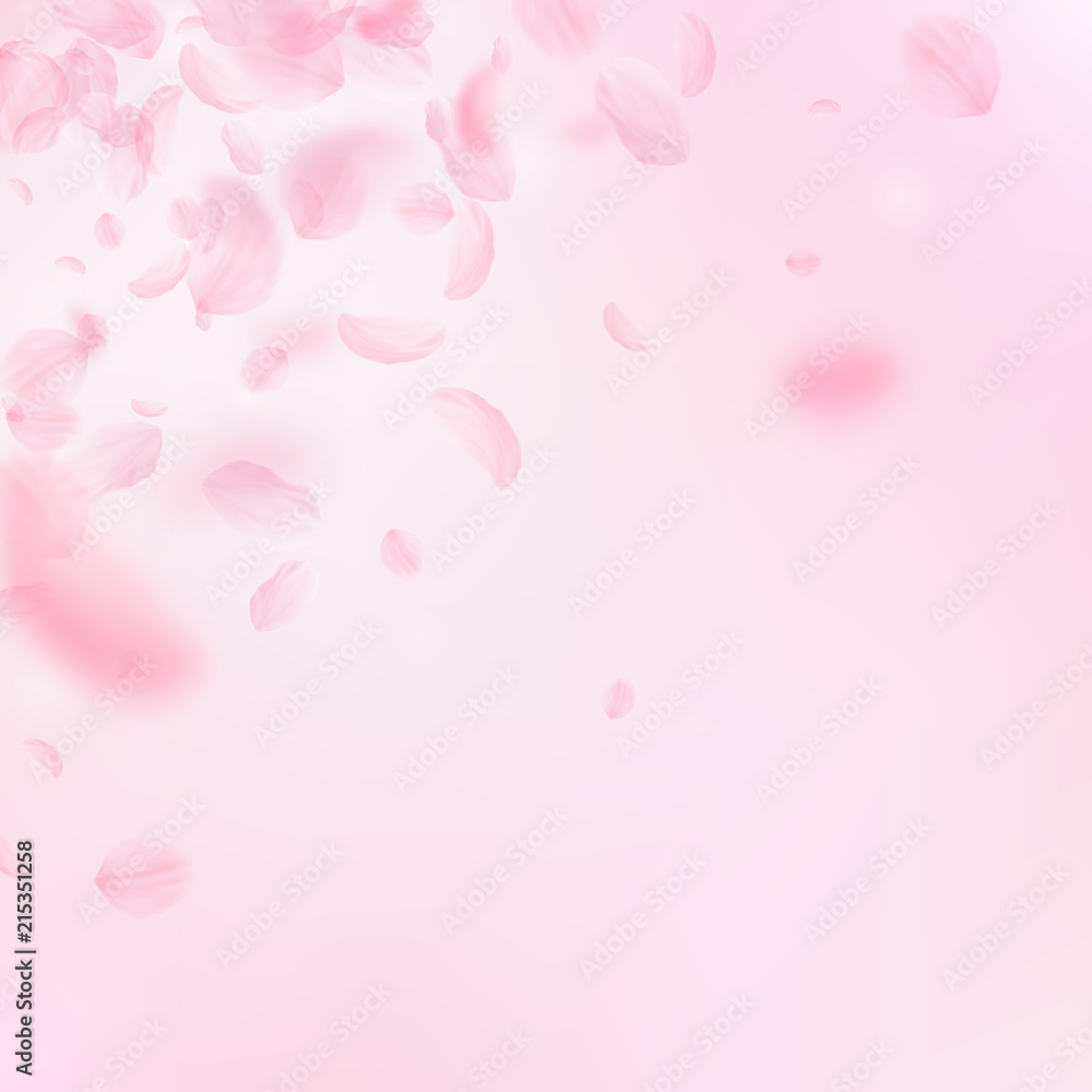 Sakura petals falling down. Romantic pink flowers corner. Flying petals on pink square background. L