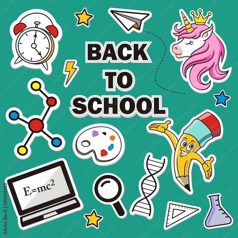 Back to school text drawing by colorful chalk in blackboard with school items and elements