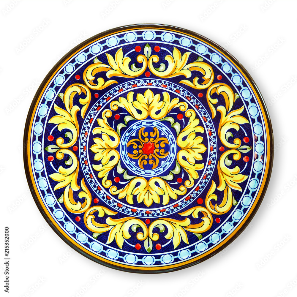 Ceramics decorative plates, Islamic plate with mandala pattern, View from above isolated on white background with clipping path