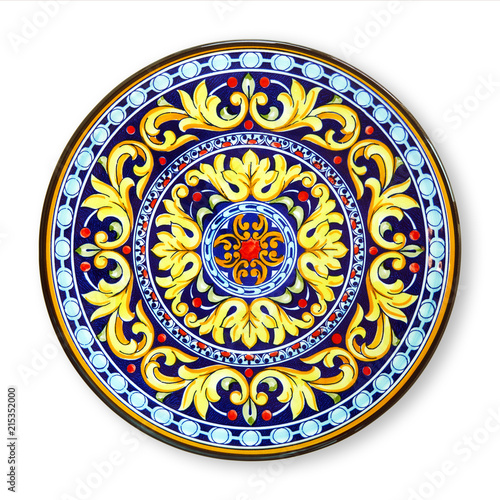 Ceramics decorative plates, Islamic plate with mandala pattern, View from above isolated on white background with clipping path