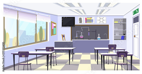 Chemistry classroom with flasks on table vector illustration. Clean classroom with desks and shelves with laboratory glassware. School illustration