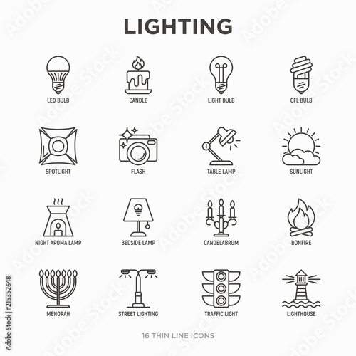 Lighting thin line icons set: bulb, LED, CFL, candle, table lamp, sunlight, spotlight, flash, candelabrum, bonfire, menorah, lighthouse, night aroma lamp. Modern vector illustration.