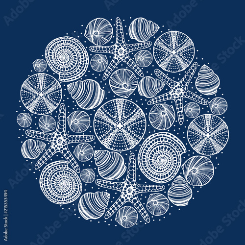 Dark Round Composition with Shells Urchins and Starfishes in Hand-Drawn Style