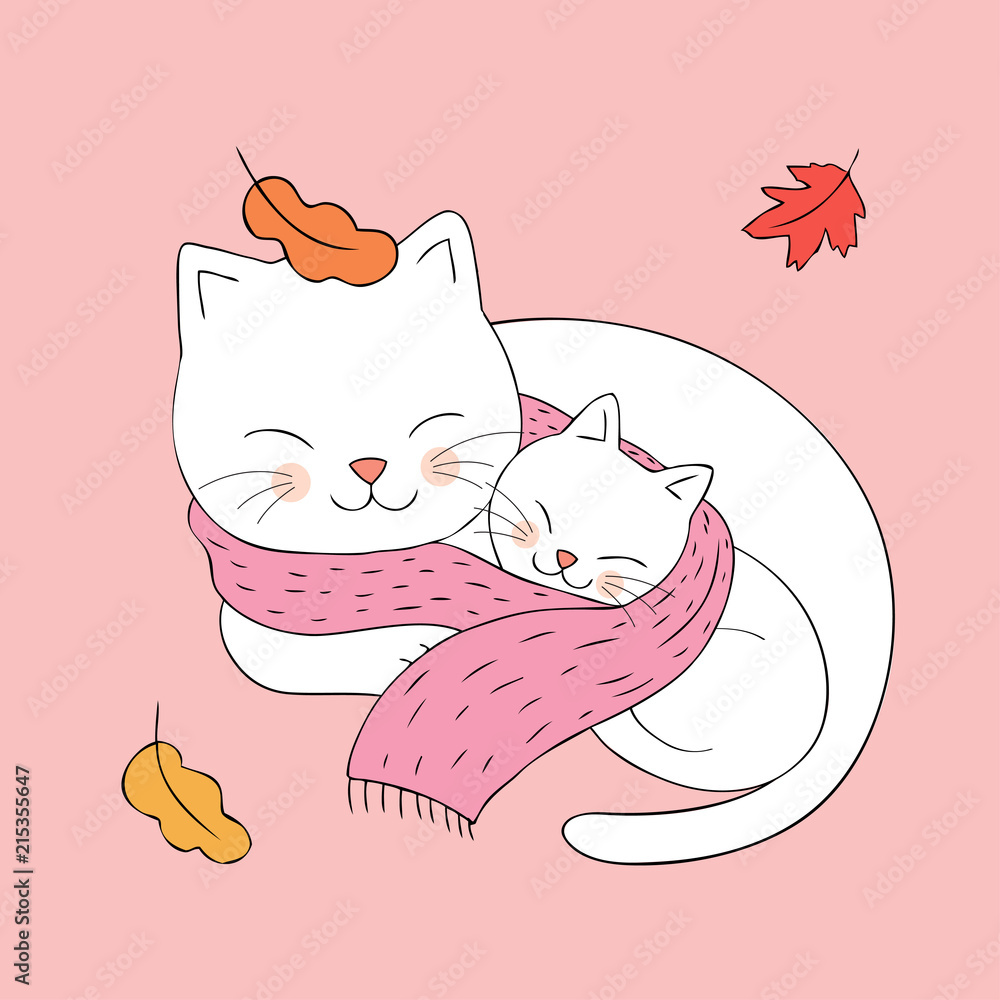 Cartoon cute Autumn mom and baby cat sleeping together vector. Stock Vector  | Adobe Stock