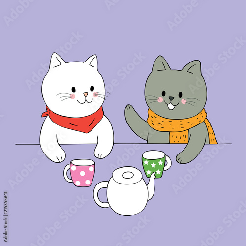 Cartoon cute Autumn white cat and black cat talking and drinking coffee vector.