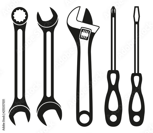 Black and white wrench screwdriver silhouette set