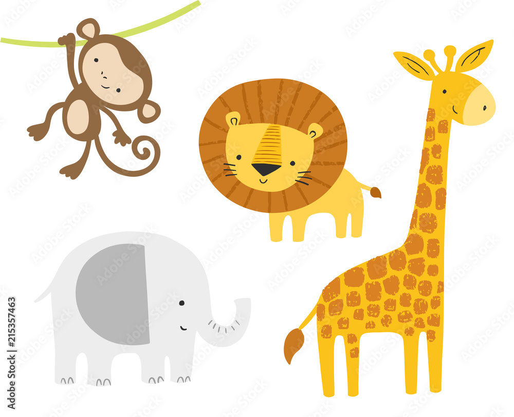 Cute jungle animals set. Vector cartoon baby lion, elephant, giraffe, monkey. Kids graphics, art, posters. Stock Vector | Adobe Stock Cute jungle animals set. Vector cartoon baby lion, elephant, giraffe, monkey. Kids graphics, art, posters. Stock Vector | Adobe Stock