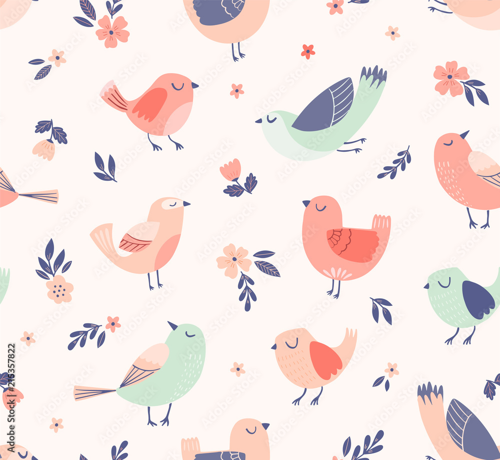 Cute birds floral vector pattern. Spring, summer seamless background with birds, flowers and leaves.
