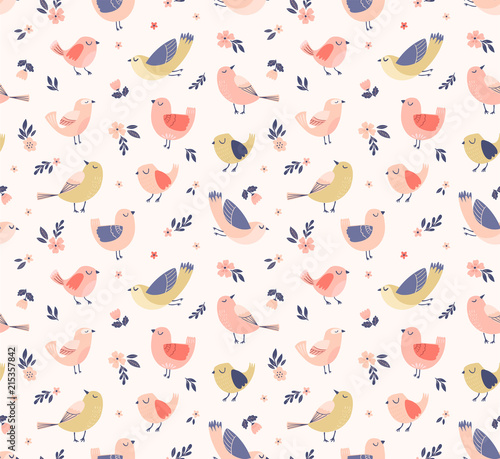 Cute vintage bird pattern with tiny flowers and leaves. Floral background with birds in pastel colors. Hand drawn childish seamless print. Vector 