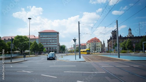 Dresden, Germany circa July, 2018: Large busy intersection, panoramic time-lapse