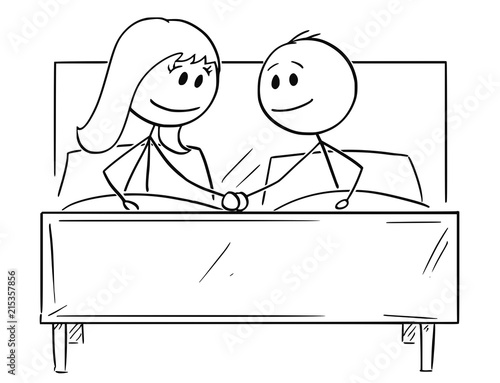 Cartoon stick drawing conceptual illustration of happy couple in bed holding each others hand. Man and woman in harmonious relationship and with satisfied sex life.