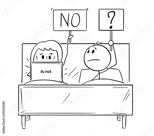 Cartoon stick drawing conceptual illustration of couple in bed. Man wants sexual intercourse, woman is rejecting and working on computer. Concept of sexual life problem and workaholism.