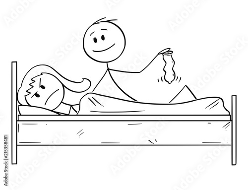 Cartoon stick drawing conceptual illustration of couple in bed. Man wants sexual intercourse, woman is rejecting and going to sleep. Concept of sexual life problem.