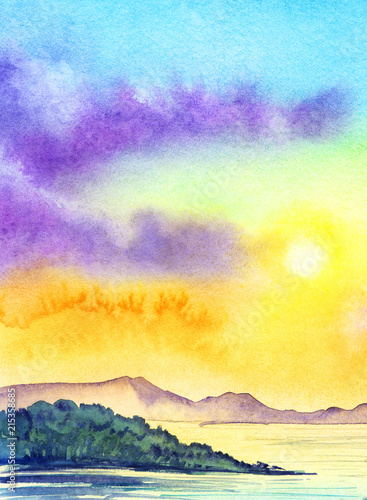 Watercolor landscape with the sea, the sunset, azure sky and distant mountains. Watercolor illustration of a hand drawn on paper.