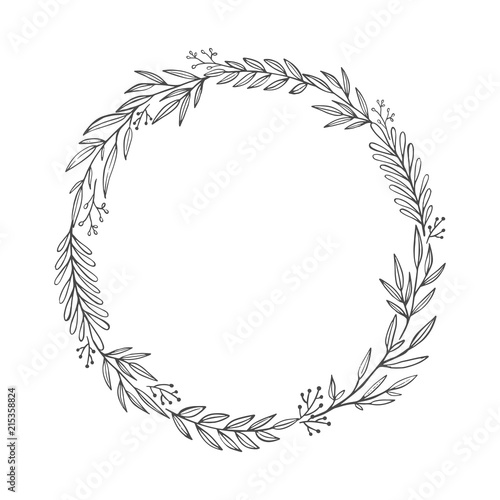 Hand drawn vintage wreath. Vector floral design element. Vintage Floral circle frames made of branches, leaves, twigs. 