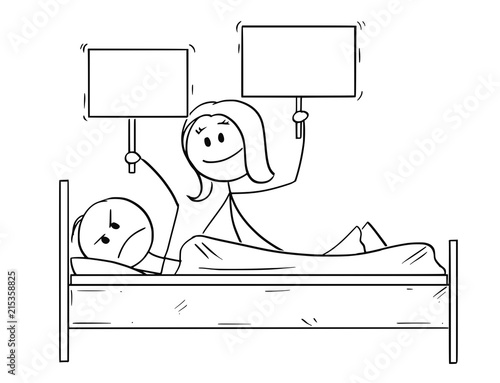 Cartoon stick drawing conceptual illustration of couple in bed, woman offering something, probably sexual intercourse, man is rejecting and wants to sleep. Both are holding empty signs for your text.