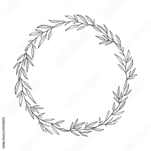 Hand drawn wreath. Romantic floral design element made of branches, leaves, twigs. 
