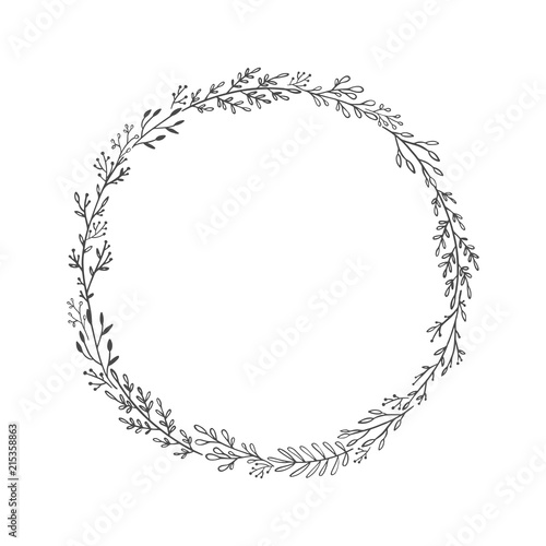 Hand drawn vector wreath. Floral circle frame design element for invitations, greeting cards, posters, blogs. Delicate branches and leaves.