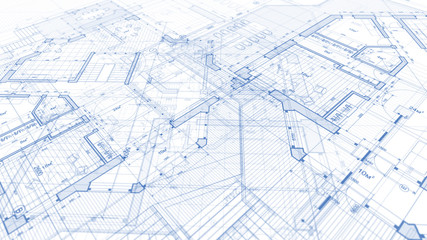 Architecture design: blueprint plan - illustration of a plan modern residential building / technology, industry, business concept illustration: real estate, building, construction, architecture