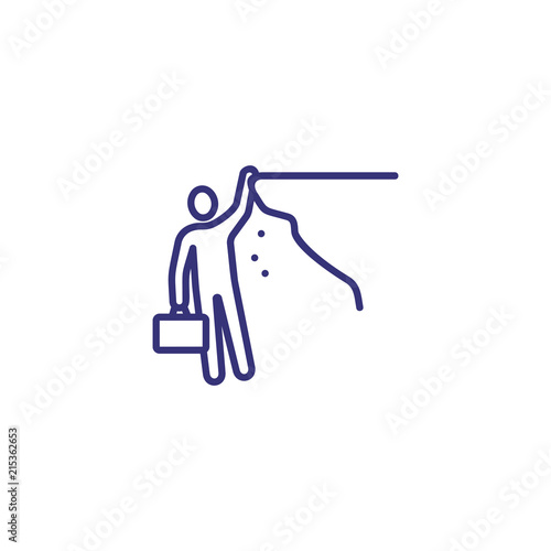 Cliff line icon. Businessman with briefcase hanging on edge. Crisis concept. Can be used for topics like business, failure, loss, regress