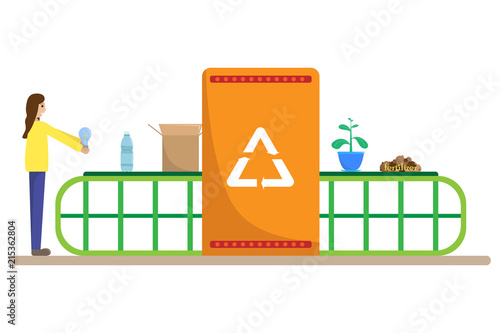 Vector illustration with the girl protecting the nature. Waste recycling.