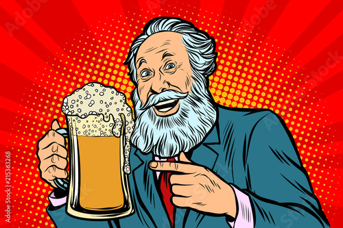 Smiling old man with a mug of beer foam