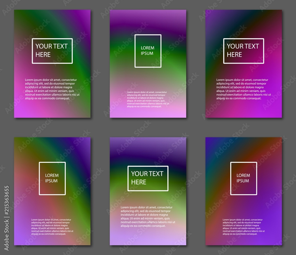 Set of abstract futuristic multicolor backgrounds with gradients. Applicable for Covers, Placards, Posters, Booklets, Blanks, Cards, Flyers and Banner Designs. A4, vector EPS10. Set of abstract futuristic multicolor backgrounds with gradients. Applicable for Covers, Placards, Posters, Booklets, Blanks, Cards, Flyers and Banner Designs. A4, vector EPS10.