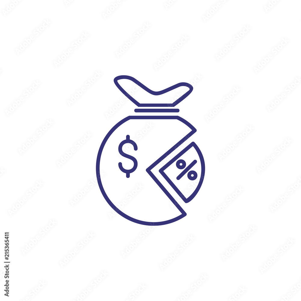 Percentage of money line icon. Dollar, sack, percent, pie diagram. Finance concept. Can be used for topics like statistics, analysis, economy, business