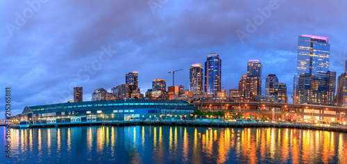 Night view of Seattle Aquarium located on Pier 59 on the Elliott Bay waterfront in Seattle  Washington.