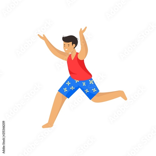 Lucky boy. The boy in shorts running with his hands up. Vector illustration