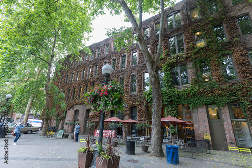 Pioneer Square Plaza in downtown Seattle, Washington, featuring Iron Pergola and Tlingit Indian Totem
