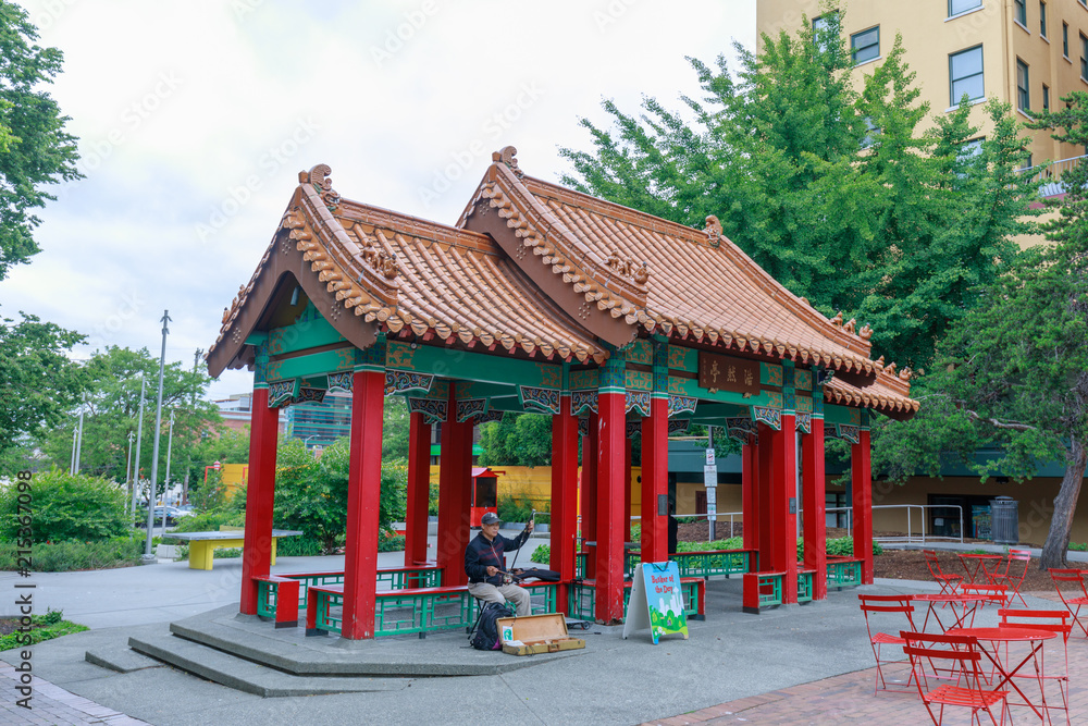 View of Hing Hay Park with pavilion built in Seattle Chinatown View of Hing Hay Park with pavilion built in Seattle Chinatown