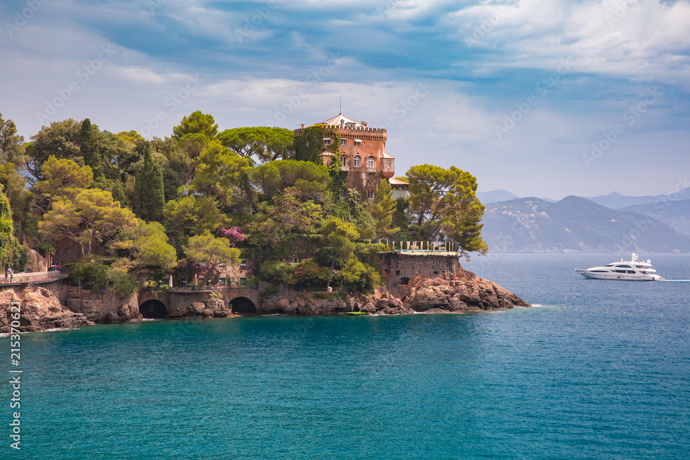 Seaview of picturesque seaside near Portofino, fishing village on the Italian Riviera, Liguria, Italy.
