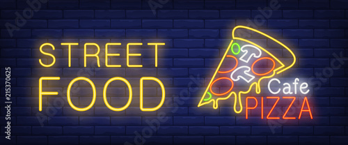 Street food, cafe pizza neon text with slice of pizza. Cafe or restaurant advertisement design. Night bright neon sign, colorful billboard, light banner. Vector illustration in neon style.