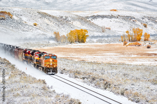 Train transporting tank cars. Season changing autumn to winter.
