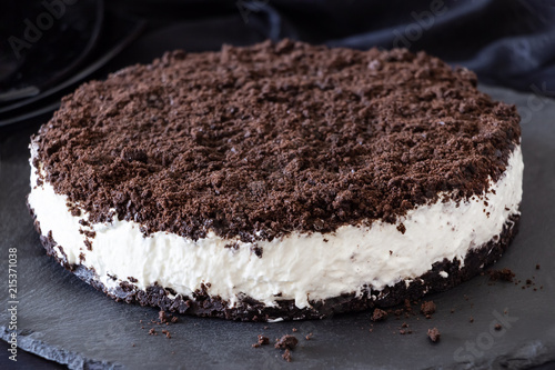 Vanilla chocolate cheesecake. Homemade ice cream sandwich. Dark background. Selective focus.